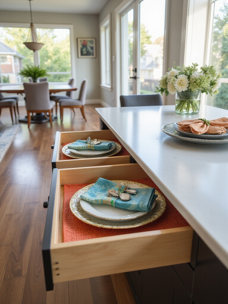 Elegant dining room with hidden storage solutions for linens and tableware.
