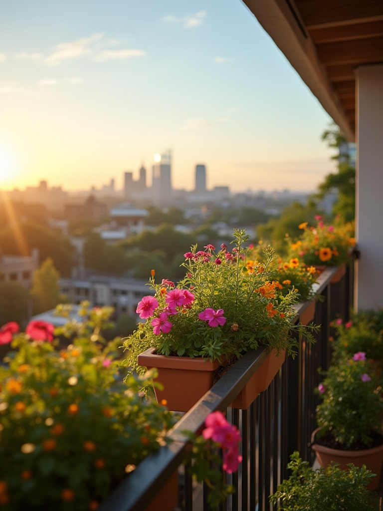 A balcony adorned with vibrant railing planters filled with flowers under golden hour light.
