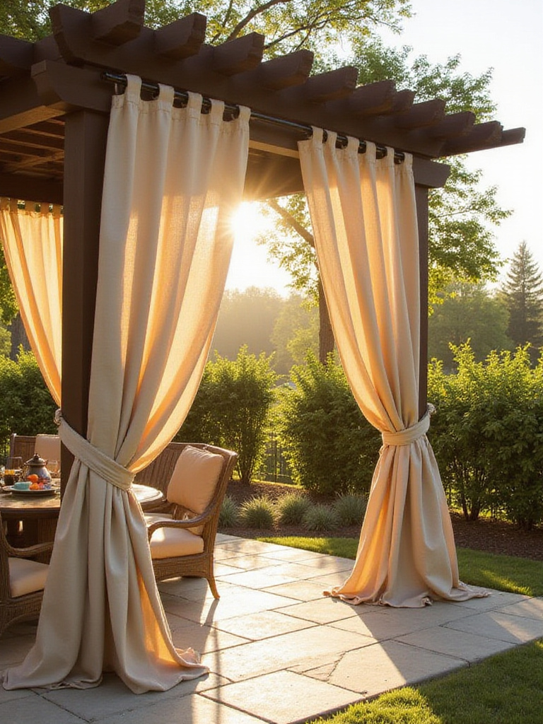 Elegant patio with weather-resistant curtains draped around a pergola in soft sunlight.