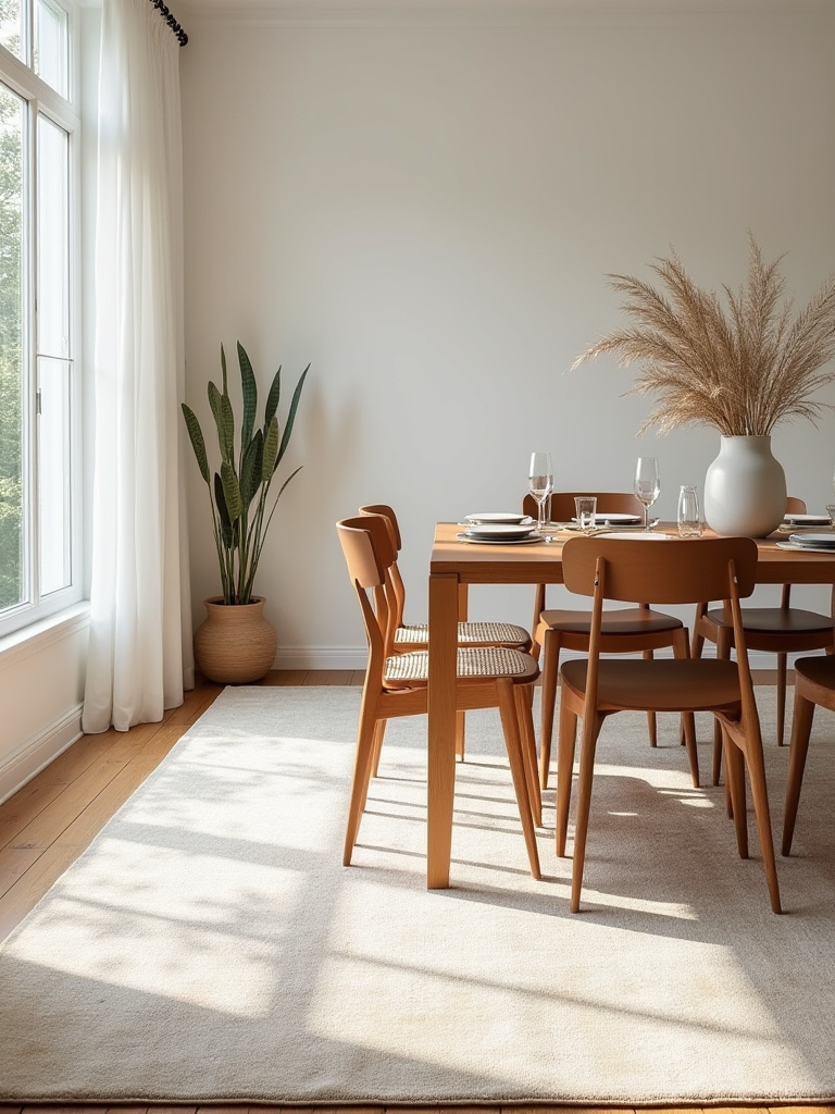 Elegant dining room with area rug under table