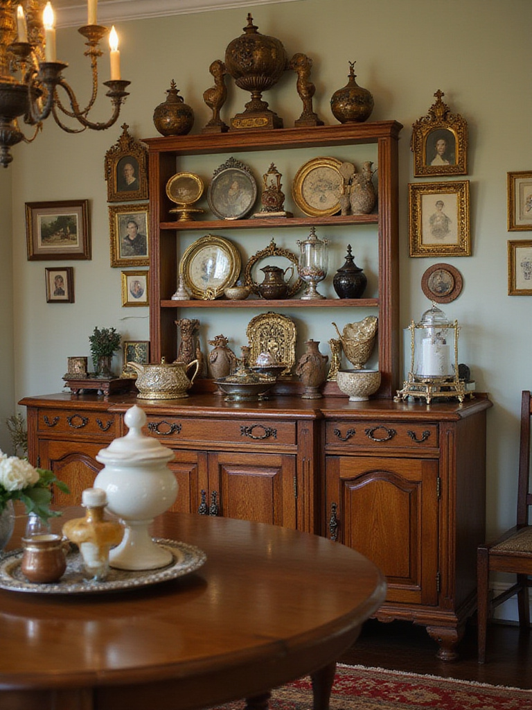 A cozy dining room featuring cherished items and family heirlooms on display.