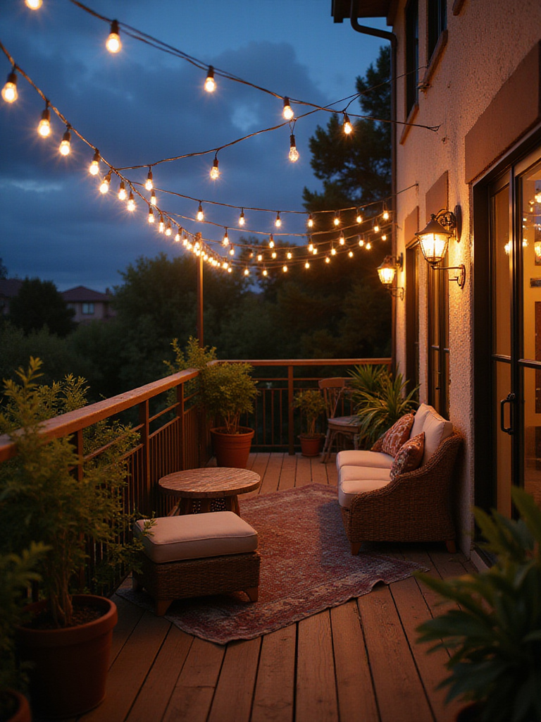 Cozy balcony with smart string lights creating an inviting ambiance at dusk.