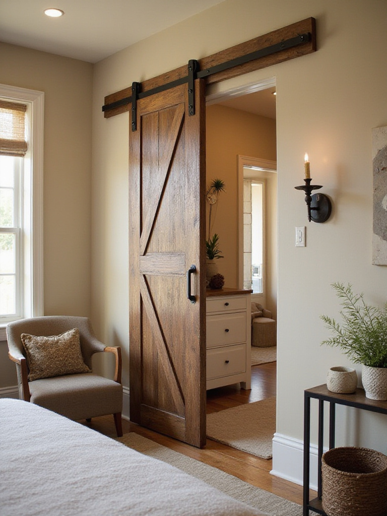 Sliding barn door in a cozy bedroom, showcasing space-saving design.