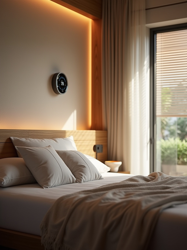Modern bedroom showcasing smart home technology integration.