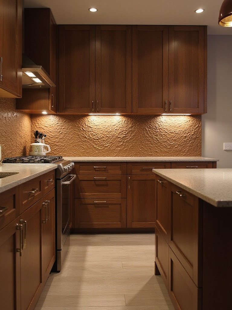 A modern kitchen featuring a textured brown backsplash that enhances visual depth.