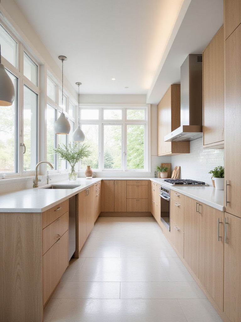 Modern kitchen with light brown cabinets and white countertops