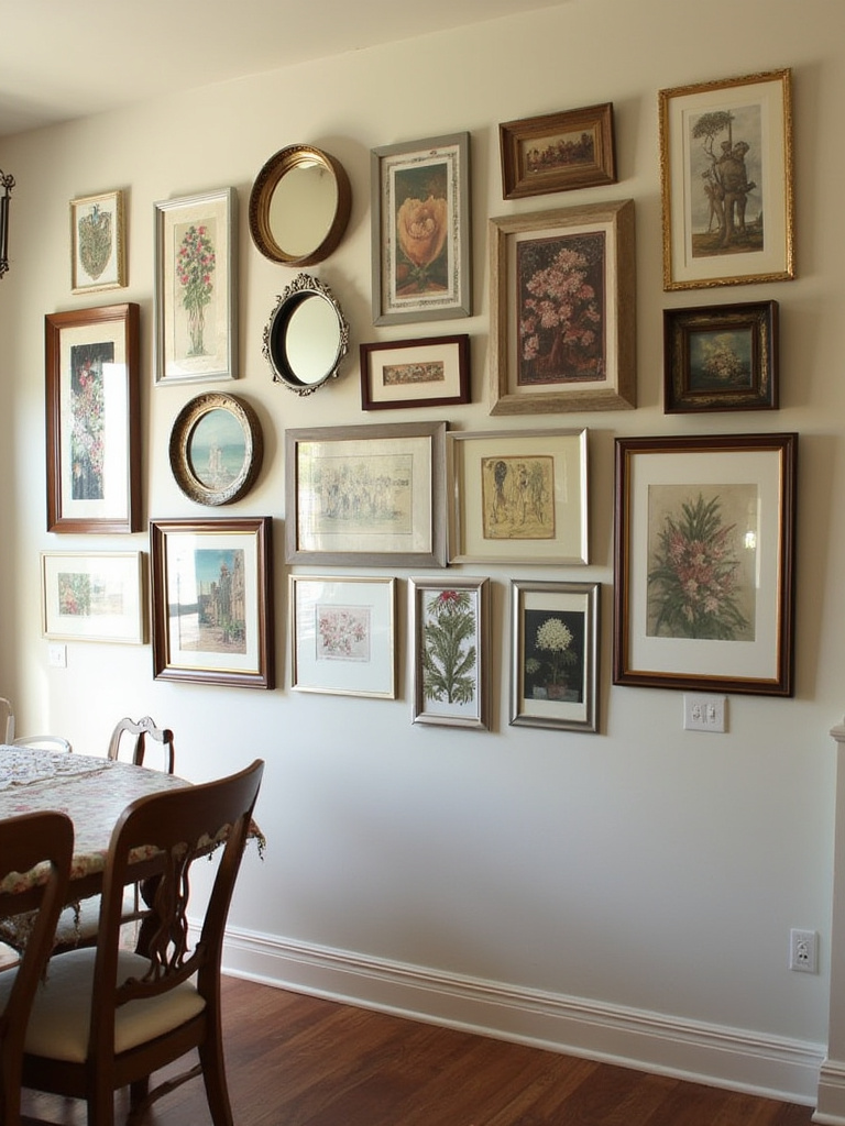 Gallery wall featuring art, photos, and mirrors in a stylish dining room.