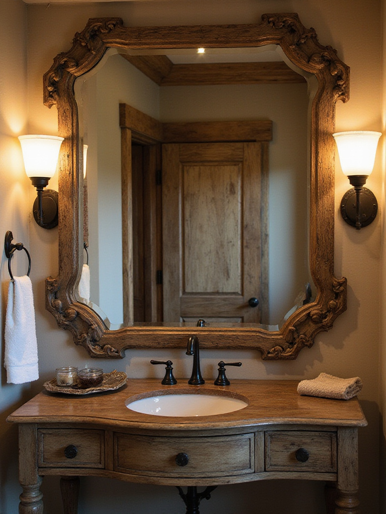 Rustic bathroom featuring a unique mirror with a distressed wood frame above a vintage-style vanity.