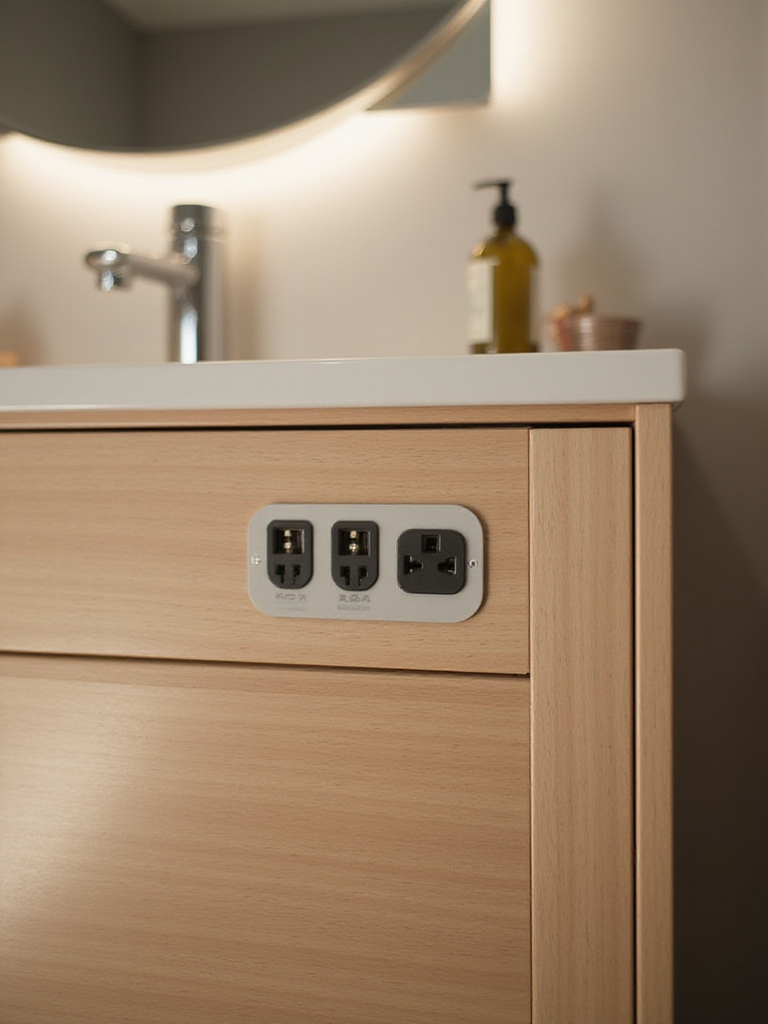 Modern bathroom cabinet with integrated charging outlets, showcasing USB ports and electrical outlets.
