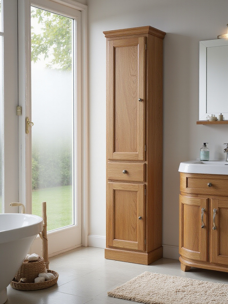 Freestanding bathroom cabinet next to a sink in a stylish bathroom setting.