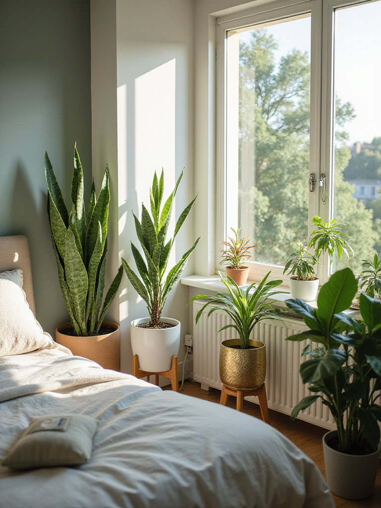 A serene bedroom with indoor plants including a Snake Plant and ZZ Plant, showcasing natural light and tranquil decor.