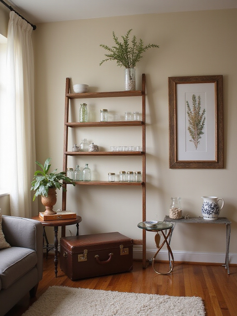 Cozy apartment living room with repurposed items as decor accents.