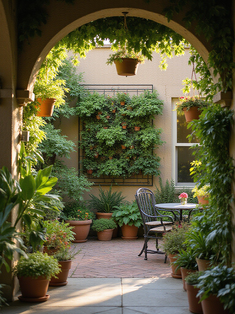 A beautifully decorated patio with potted plants, vertical gardens, and hanging baskets in soft natural light