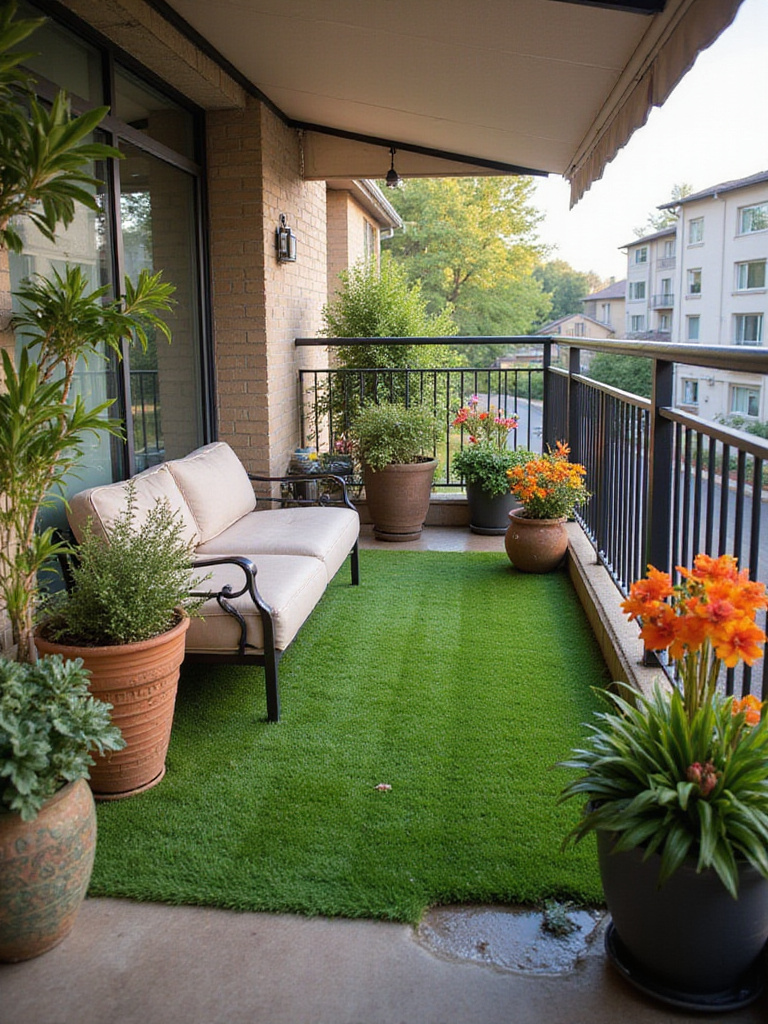 A serene balcony pet-friendly zone featuring artificial grass, a shaded bed, and pet-safe plants.