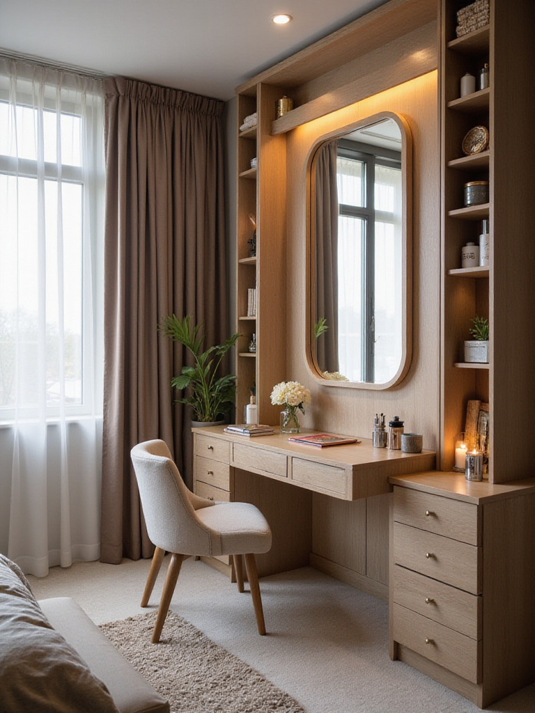 Stylish bedroom corner featuring a dedicated vanity setup with organized storage and ambient lighting.