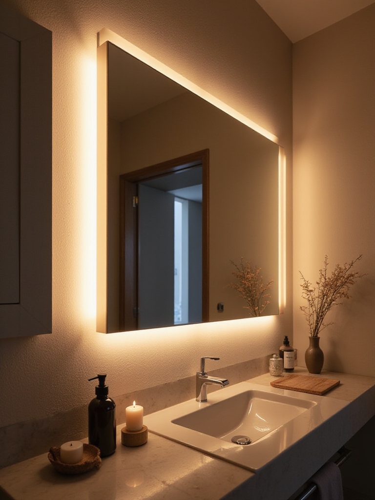 Elegant bathroom mirror with integrated smart lighting and a modern design.