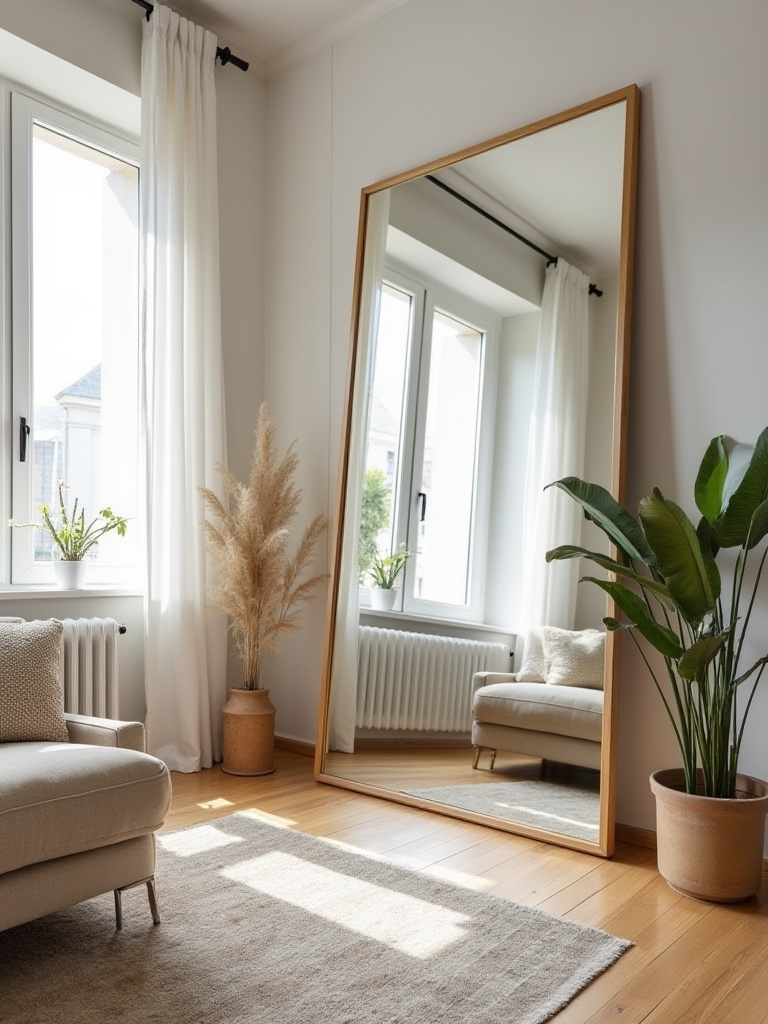 Living room with a large mirror reflecting light and space