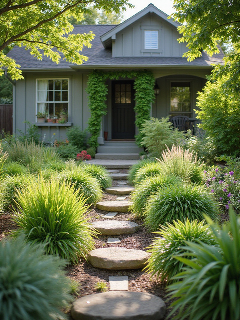 Eco-friendly front yard landscaping with diverse native plants and a rain garden