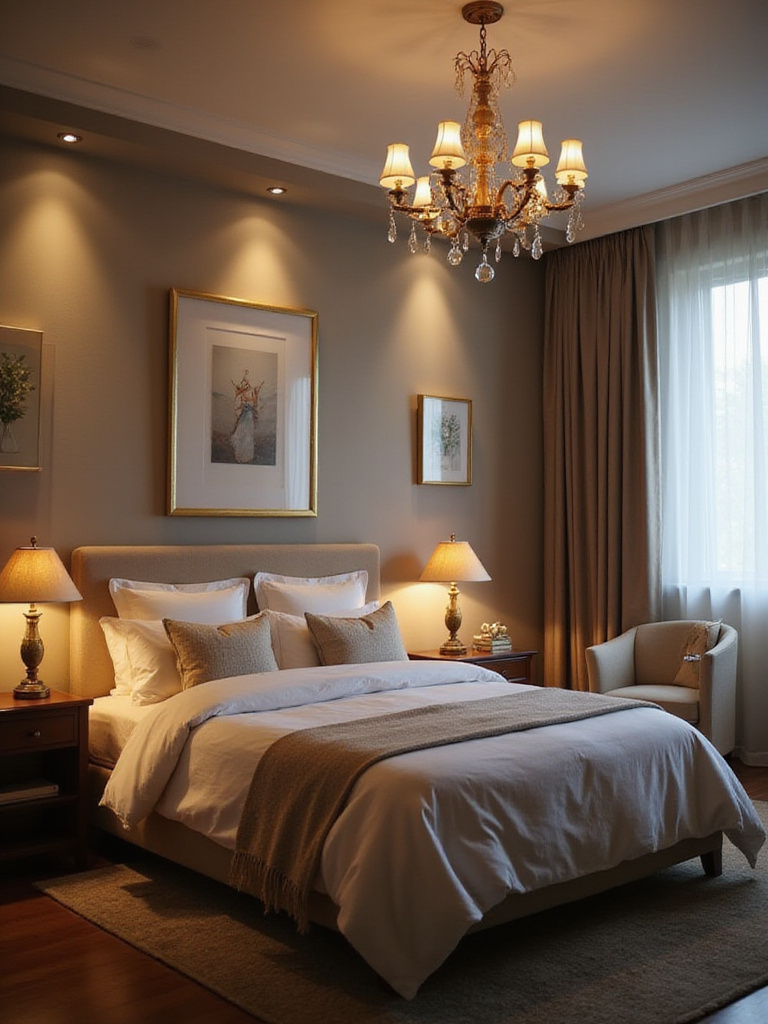 Bedroom with layered lighting including a chandelier, bedside lamps, and accent lights