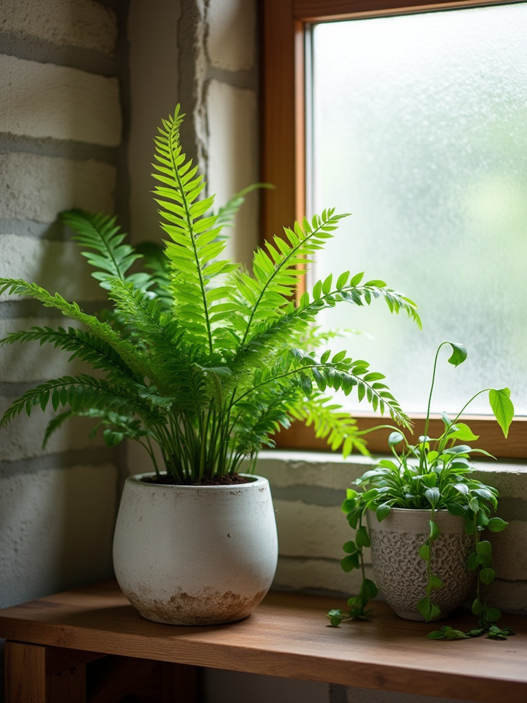 Rustic bathroom with low-maintenance plants including Boston fern and Pothos on shelves.