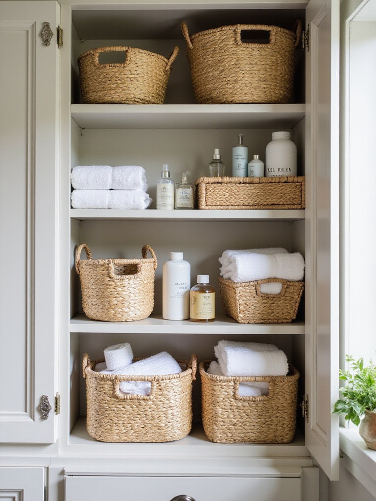 Organized bathroom cabinet with woven baskets filled with toiletries and towels
