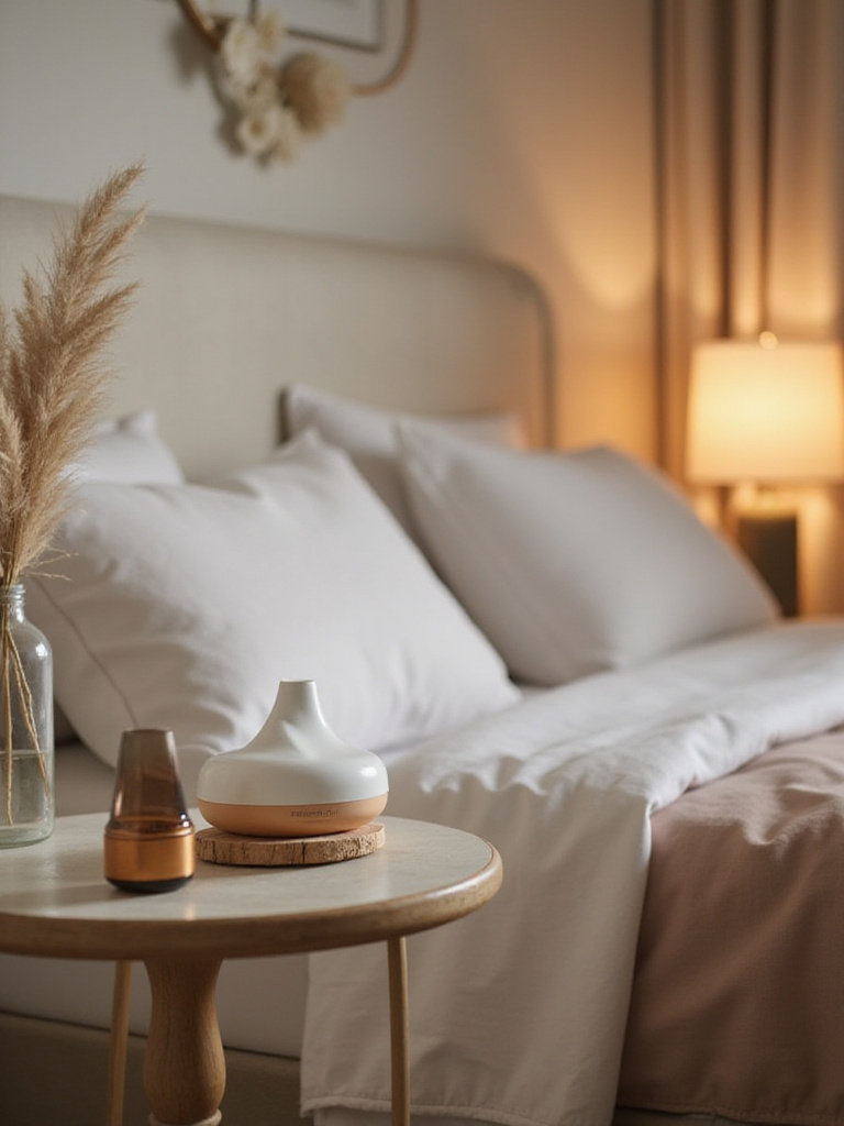 A stylish ultrasonic scent diffuser on a bedside table in a serene bedroom, with warm lighting and calming decor.