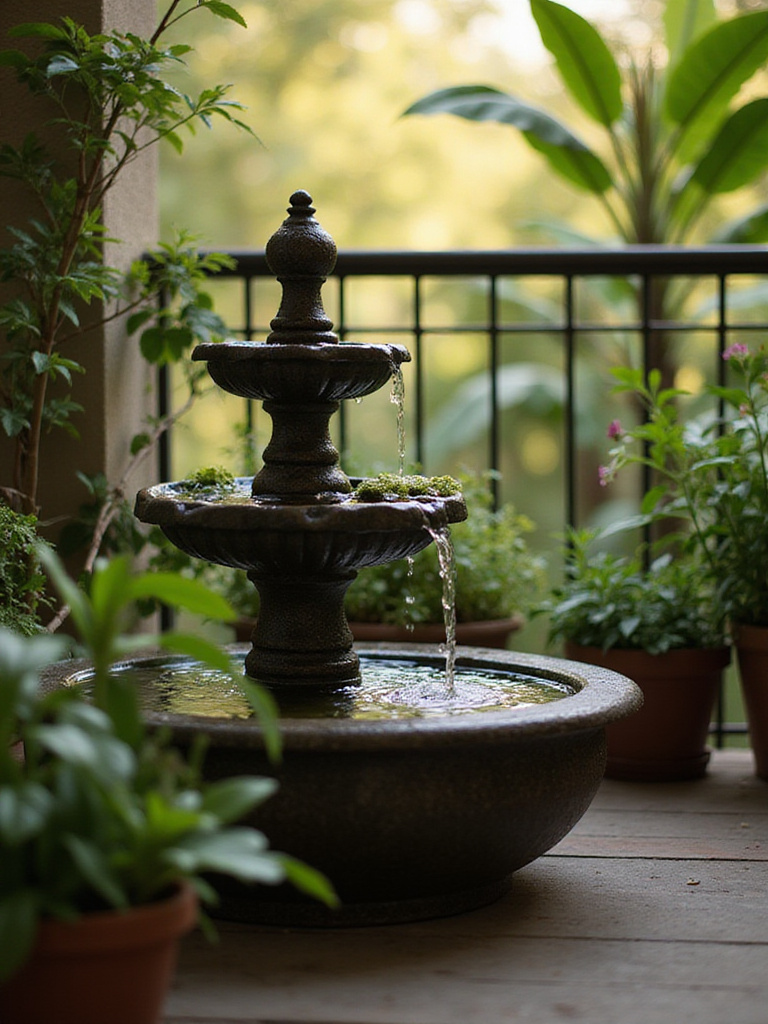 Compact water feature on a balcony with potted plants