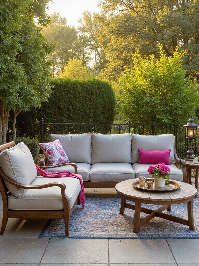 A cozy patio scene featuring colorful, weather-resistant cushions on outdoor furniture.