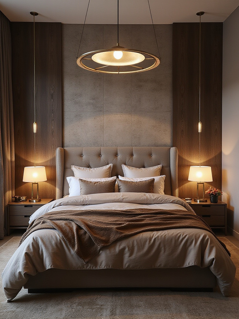 A luxurious bedroom with a focus on a beautifully styled bed featuring an elegant headboard and layered textiles.
