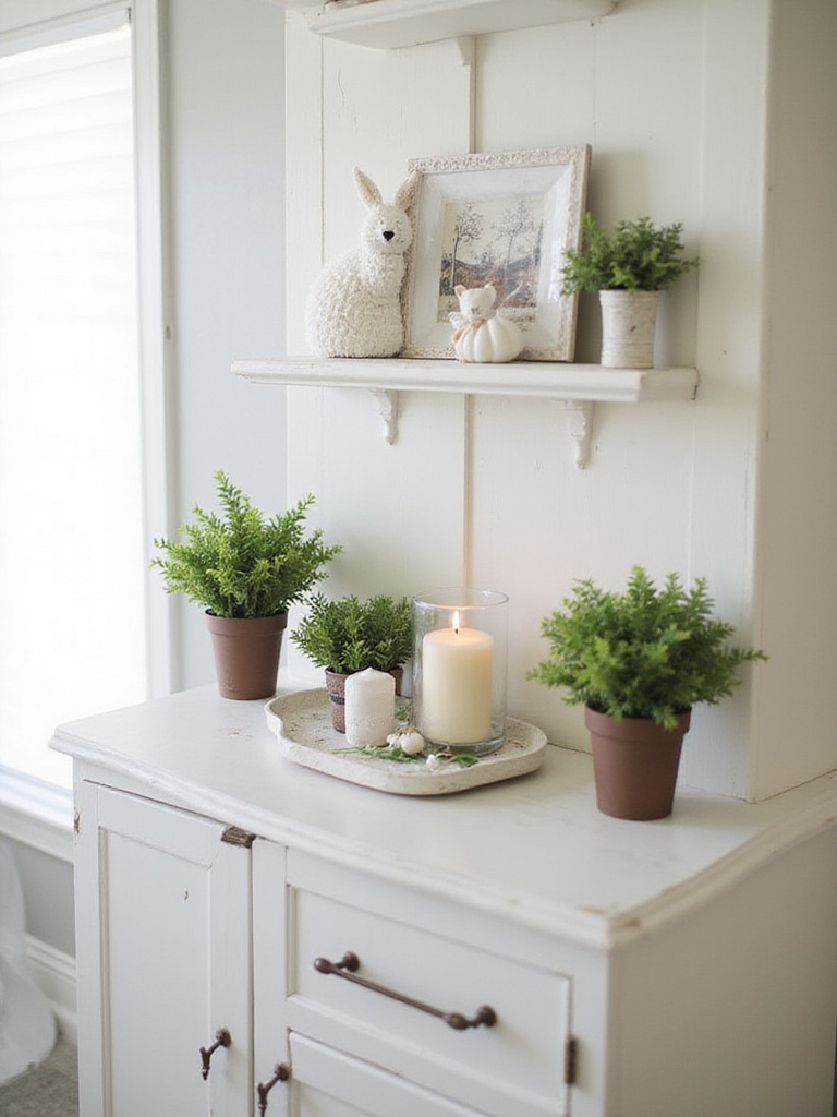 Stylish bathroom cabinet decor with seasonal elements like faux plants and candles.