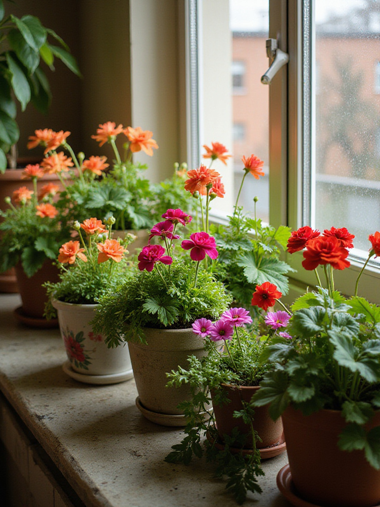 Indoor balcony garden featuring tender plants overwintering in warm lighting
