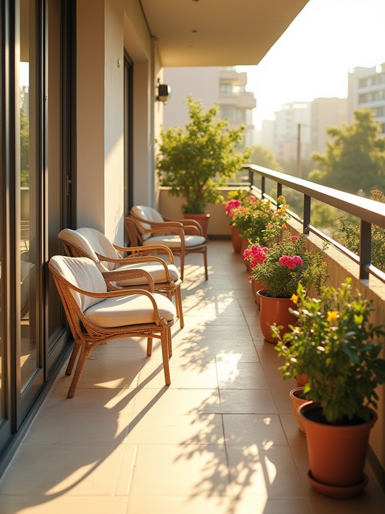 A clean and organized balcony with elegant furniture and vibrant plants, showcasing smart cleaning hacks.