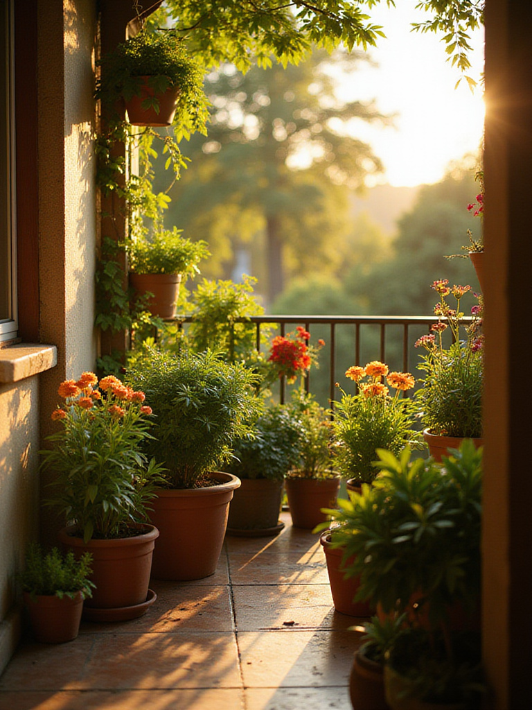 Balcony garden with various plants in sunlight