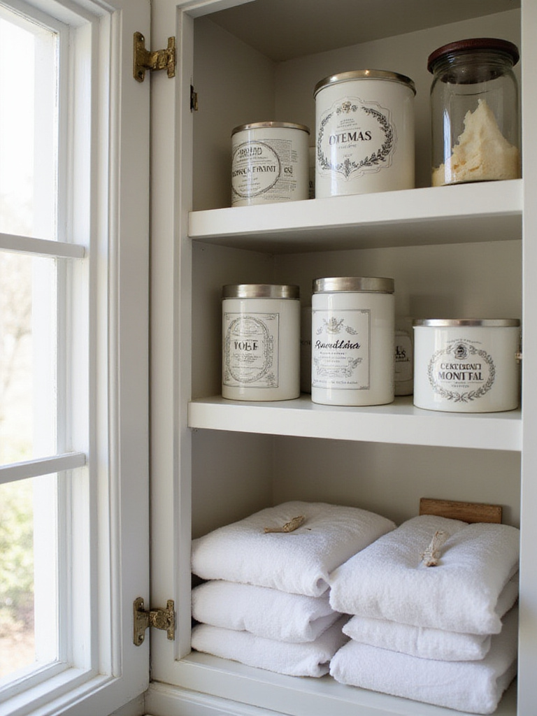 Elegant labels on bathroom storage containers for quick item identification.