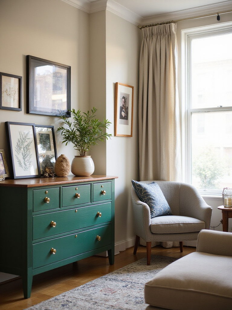 Cozy apartment living room with thrifted and DIY decor