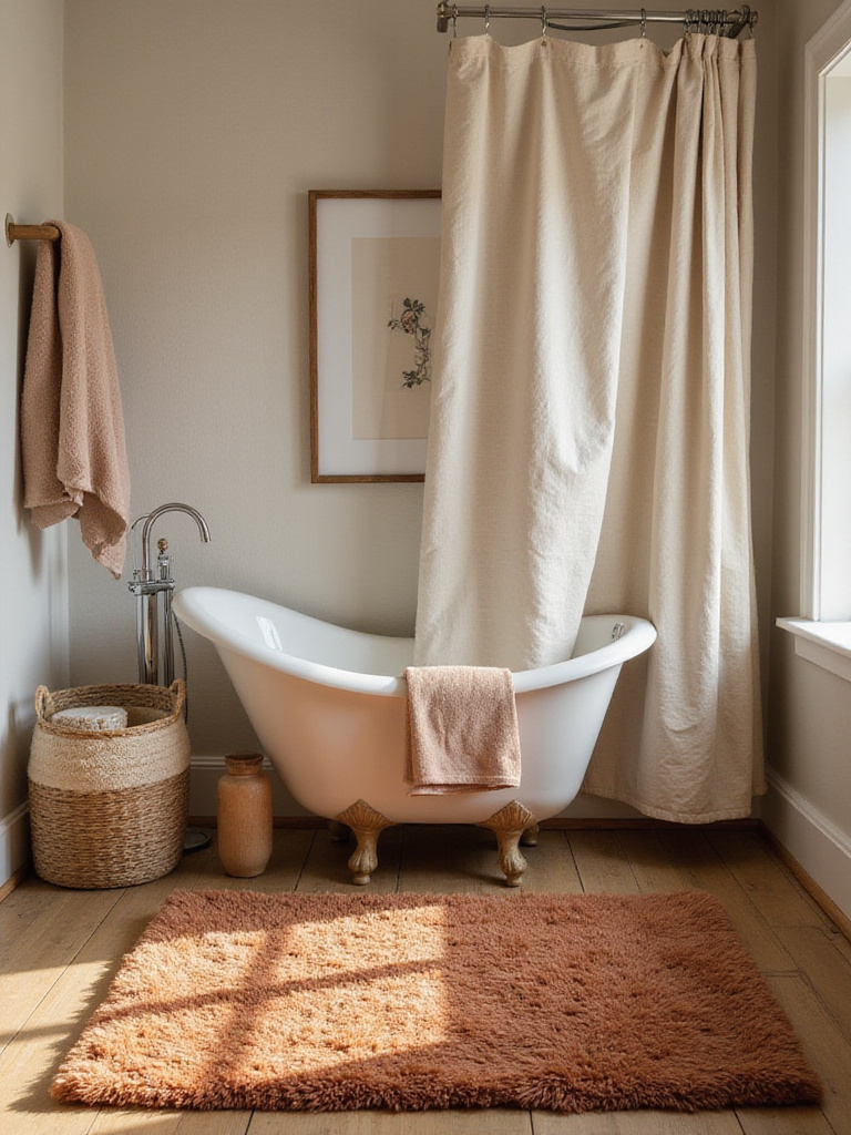 Rustic bathroom with earth-toned textiles including a terracotta rug, organic towels, and a natural linen shower curtain.