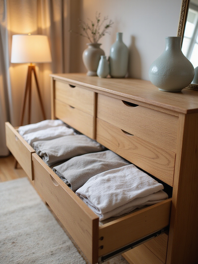 A neatly organized dresser with folded clothes and decorative items in a calm bedroom setting.