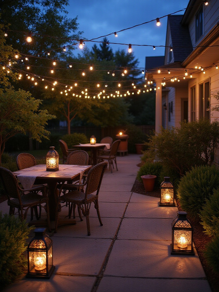 Cozy patio ambiance with layered string lights and lanterns
