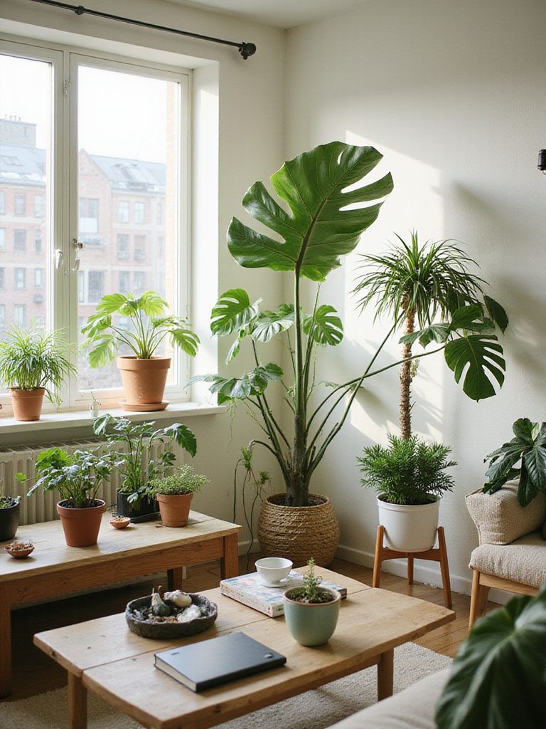 Stylish living room with various indoor plants enhancing the decor
