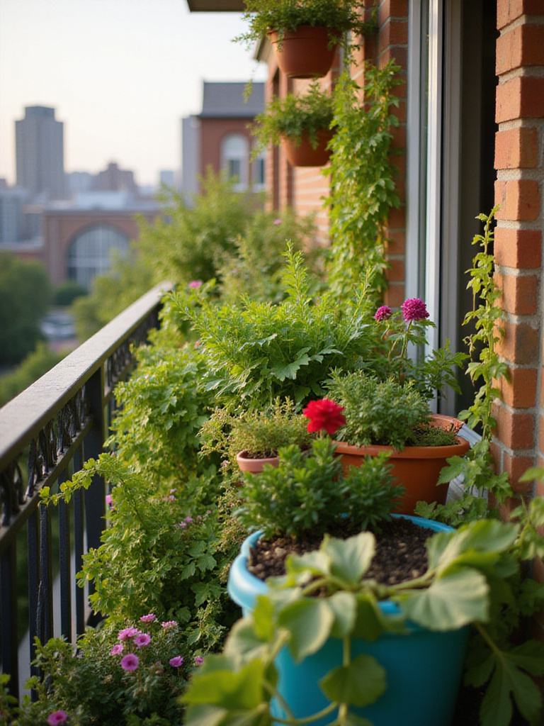 Lush balcony garden with cascading trailing plants in colorful window boxes and hanging baskets, illuminated by warm sunlight.