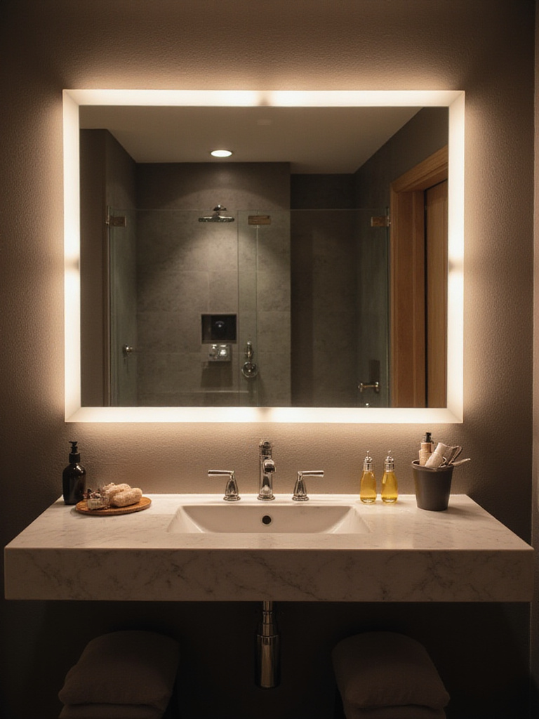 Modern bathroom with motion-sensing lights illuminating a stylish mirror