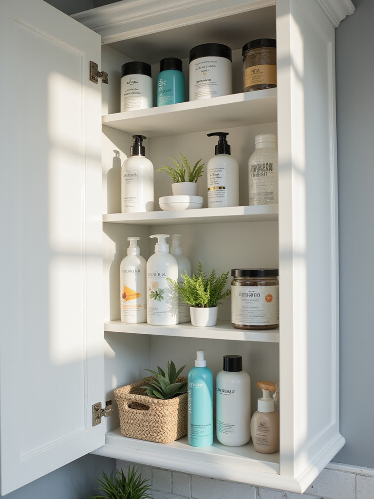 Organized bathroom cabinet with skincare and haircare products, showcasing cleanliness and organization.