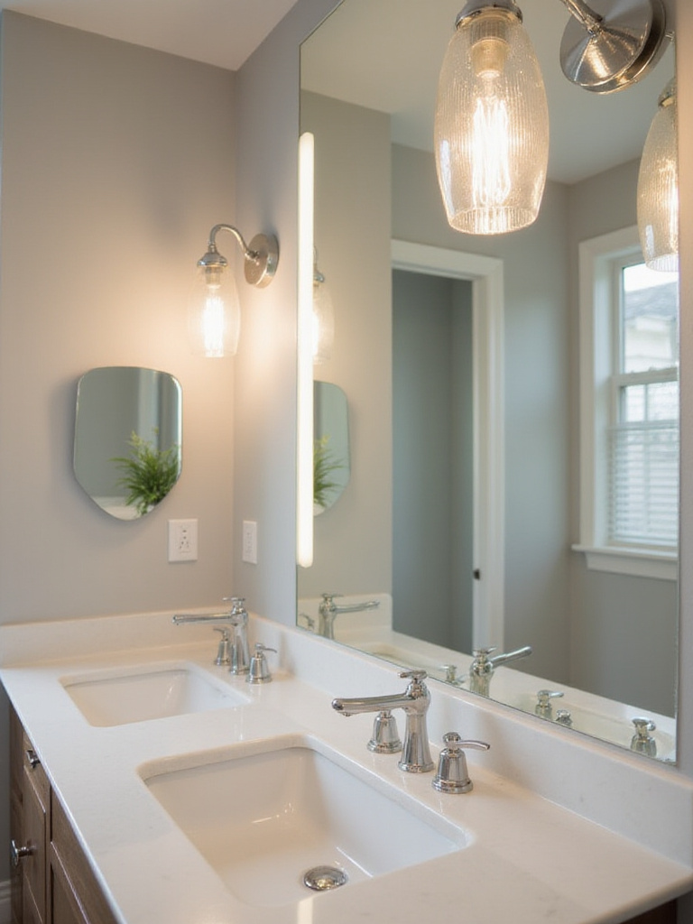 Modern bathroom lighting fixtures above a mirror, showcasing cleanliness and optimal lighting.