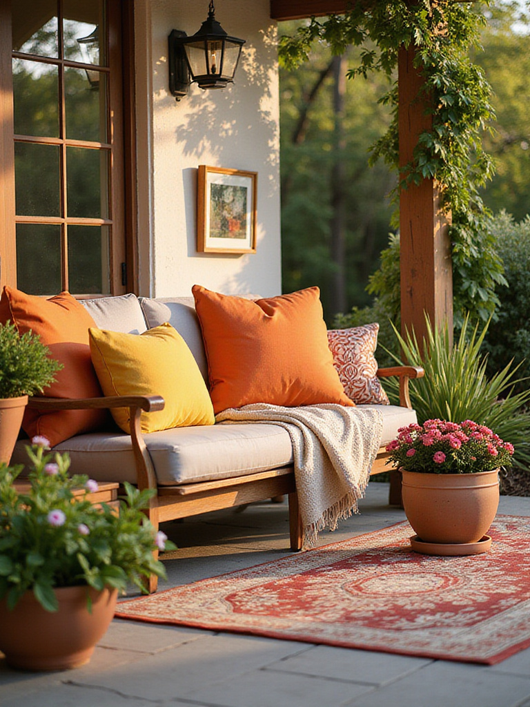 Beautifully decorated patio with vibrant textiles and seasonal plants