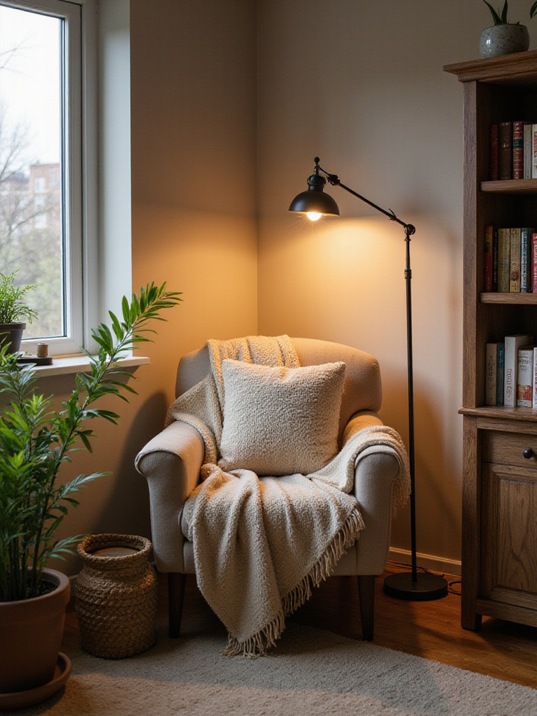 Cozy reading nook with armchair, bookshelf, and floor lamp