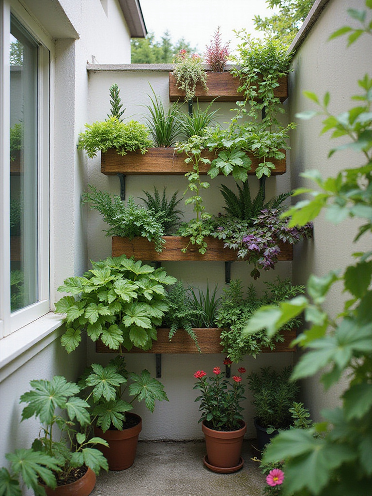 Small balcony with vertical plant arrangements, showcasing vibrant greenery and efficient use of space.