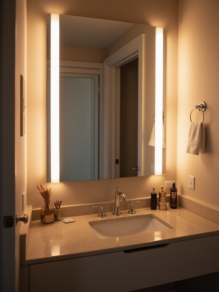 Professional bathroom lighting setup with mirror and makeup products.