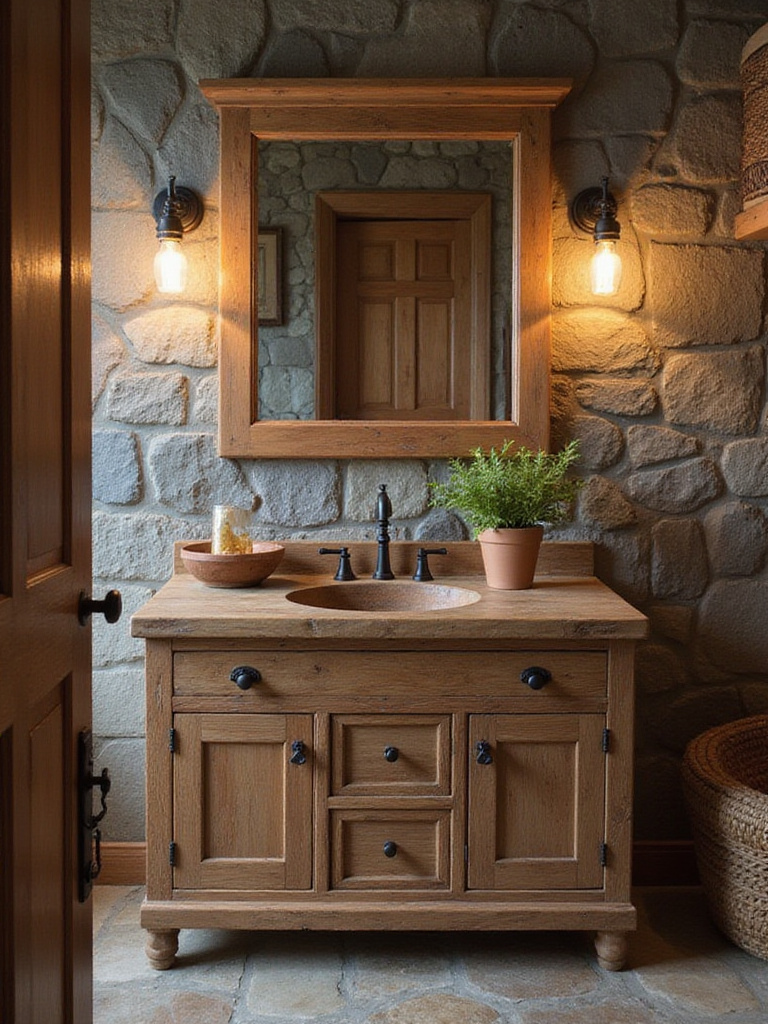 Rustic bathroom showcasing natural wood and stone surfaces with warm lighting.