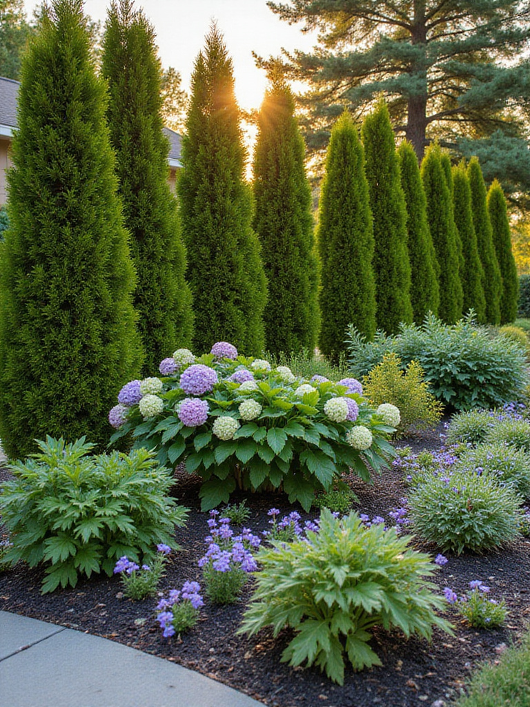 Layered plant heights in a beautifully landscaped front yard with various plant sizes and textures.