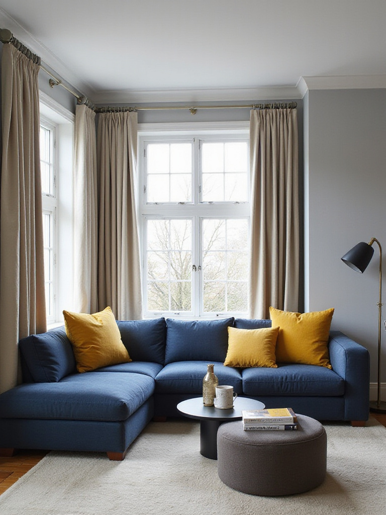 Living room with harmonious color palette featuring gray, navy, and mustard colors.
